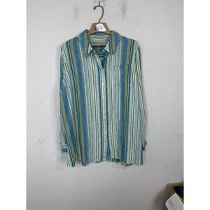 Naturals d&co Womens 1X Striped Linen Blend Roll Tab Sleeve Button Up Shirt